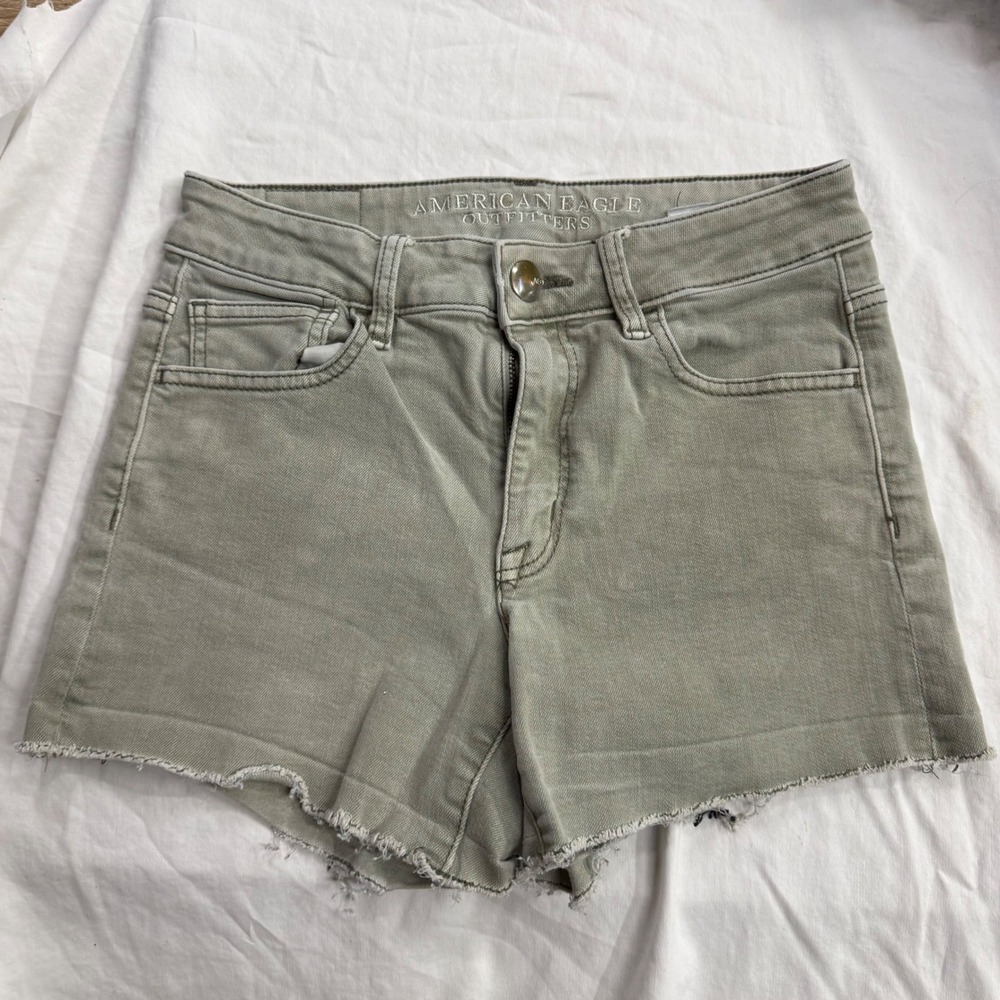 American Eagle Hi-Rise Shortie Olive Green Denim Shorts Super Stretch Size‎ 2